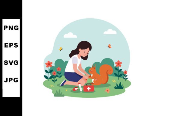 Girl Caring for Injured Squirrel in Garden