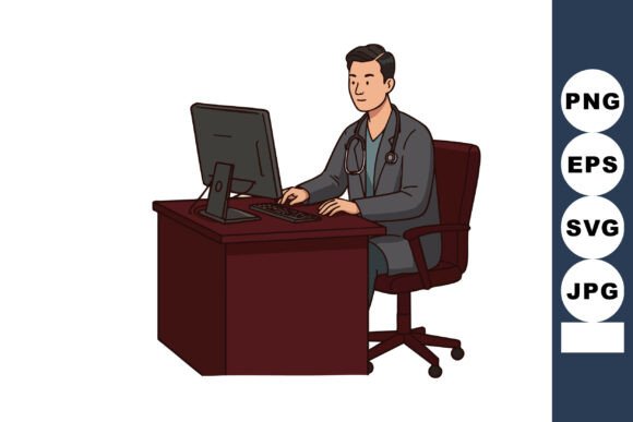 Male Doctor Working on Computer at Offic