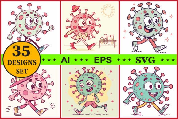 Virus Cartoon Character Clipart Meets Embroidery